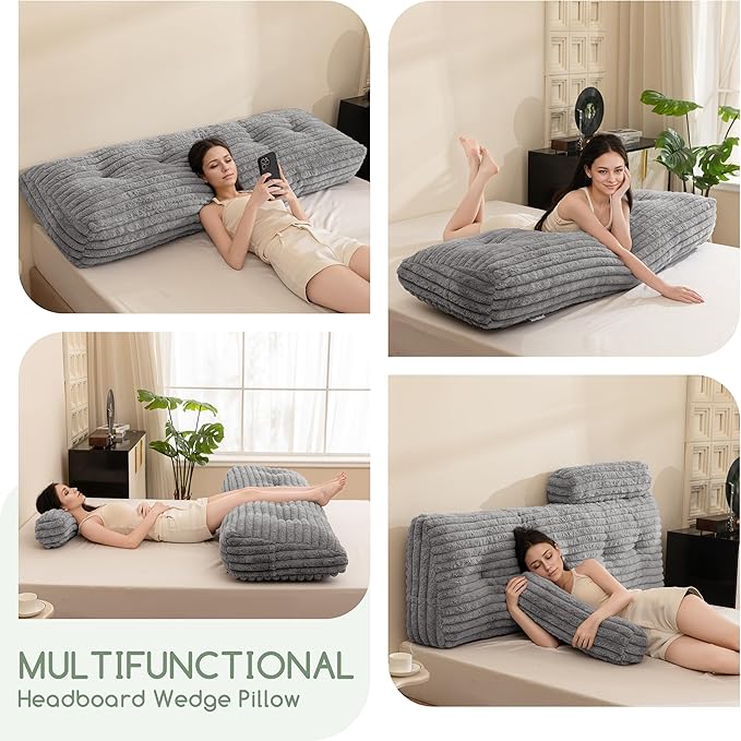 HIGOGOGO Triangular Headboard Wedge Pillow with 2 Cylindrical Pillows and Memory Foam Filling, Daybed Pillows for Sitting up, Reading or Working with Removable Cover,Queen 59.1"x19.7"