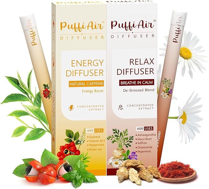 Herbal Diffuser Duo, Relax and Energy Diffuser with Extract of Natural Caffeine, Chamomile and Other Biotanicals, 100% Natural Swap - Up to 600 Uses (Varies by Usage), Calm & Focus Duo