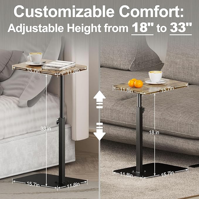 HzTinT TV Tray Side Table Sofa Tray for Couch Heavy Metal Base Swivel/Adjustable Height, Sofa Bed Bathroom Living Room, Study TV Tray C Shaped End Table Food Snack Trays for Eating Small Spaces