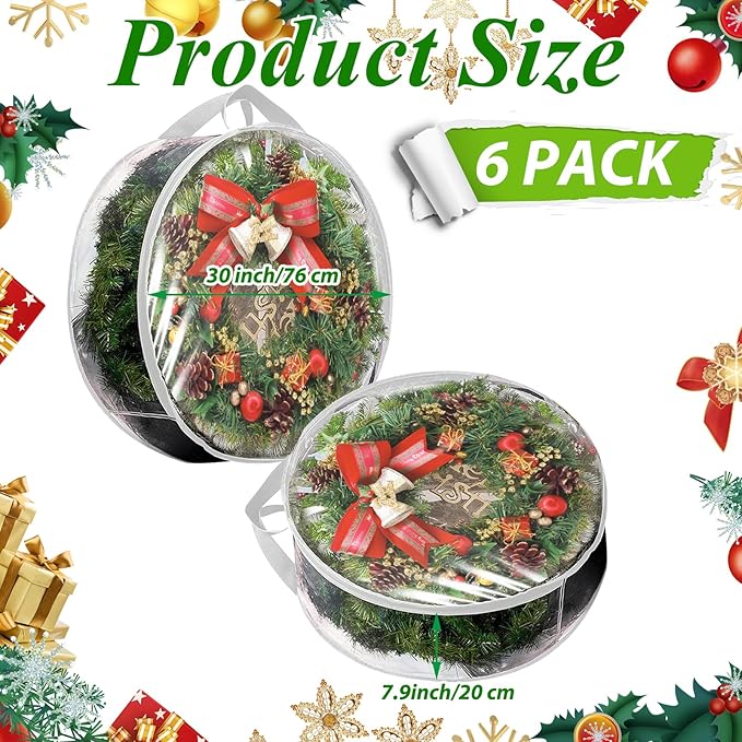 YAYODS 6 Pack Wreath Storage Container 30 Inch Wreath Storage Bag Heavy Duty Christmas Wreath Boxes with Clear Window for Xmas Holiday Seasonal Wreath Garland (White)