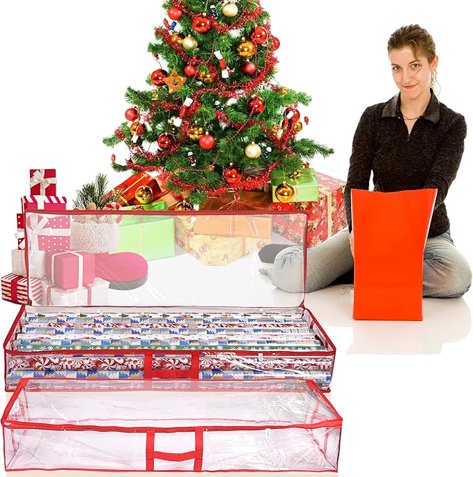 ProPik Wrapping Paper Storage Containers | Gift Wrap Organizer Under Bed | 41”x14”x6” | Box Holds 18-24 Rolls Up to 40” Long | Holder with Pockets for Ribbon, Bows and Accessories (2 Pack - Red)