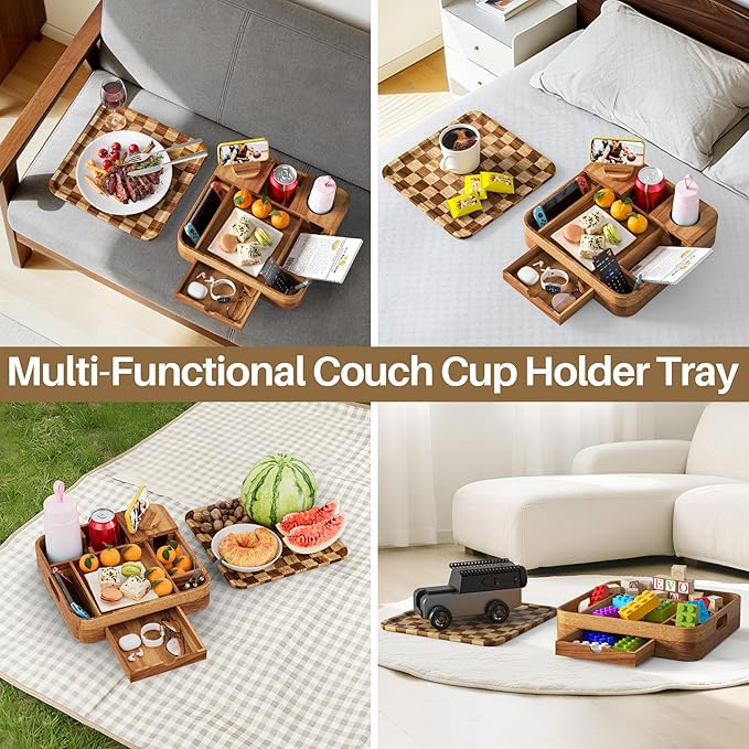 Couch Cup Holder, Checkered Couch Tray Cup Holder Sofa Tray, Acacia Wood Large Capacity 2-Tier Wooden Trays with Drawer for Sofa, Bed, Picnic, Drinks, Snacks, Remote, Cell Phone 12.5 * 12.5 in