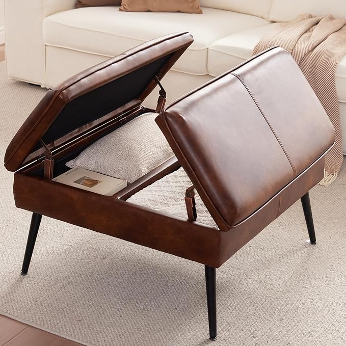 Square Ottoman with Storage, Large Oversized Ottoman Coffee Table, Double Flipping Lid & Mid-Century Modern & Faux Leather Style, Loads 660 lb, for Living Room, Bedroom, Entryway, Retro Brown