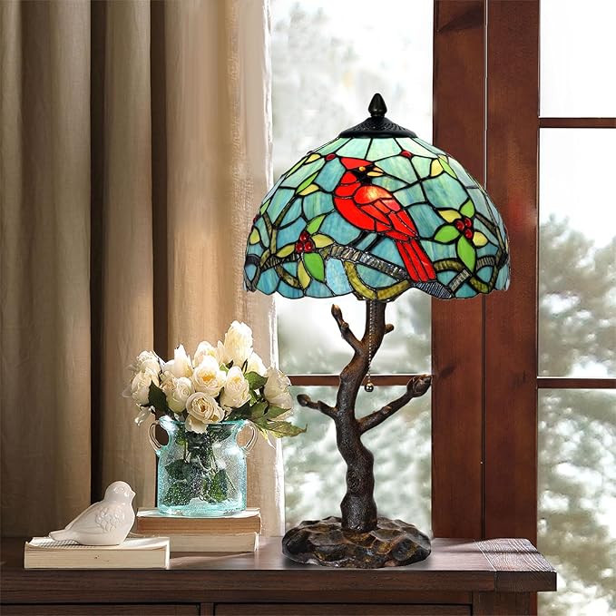 TL0035 Tiffany Style Stained Glass Table Lamp, Cardinal Bird Desk Lamp with Branch Base, W 12" x OH 21", Great for Home Decor & Night Lighting, LED Bulb Included (Red Cardinal)