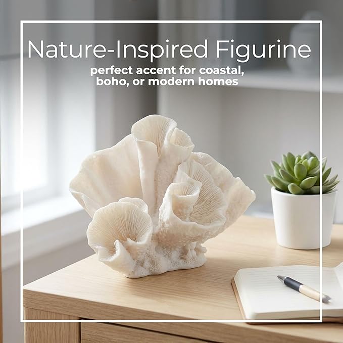 Decorative Coral Inspired Sculpture for Home, Bathroom, Room and Living Room Decor - Resin Ornaments for Shelf & Office Display - Coastal Figurine for Coffee Table Decor - 6", Ivory & Tan