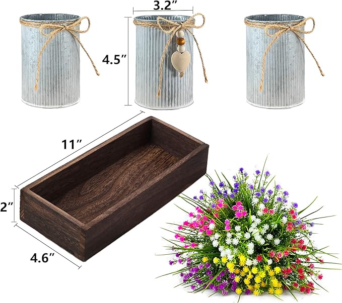 Gypsophila Baby's Breath Artificial Flowers in Rustic Metal Pots and Wood Tray, Table Centerpiece Decorations Fake Flowers for Home Décor