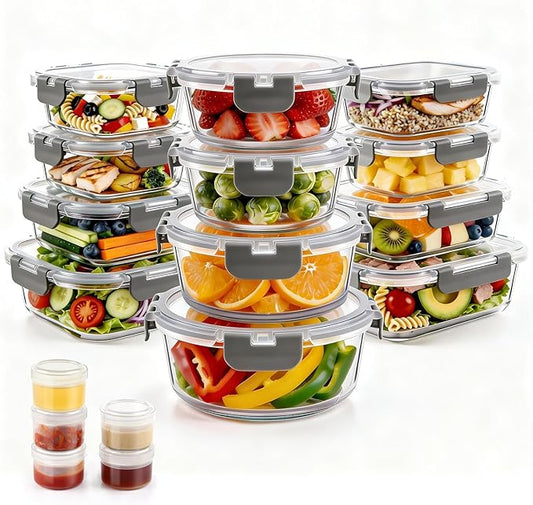 34pcs Glass Food Storage Containers with Lids Set, Airtight Glass Meal Prep Containers (17 Containers & 17 Lids), Leak Proof Lunch Container BPA-Free, Microwave, Oven, Freezer, Dishwasher Safe-Grey