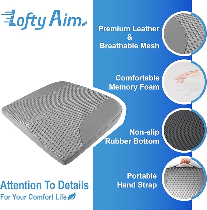 Lofty Aim Car Seat Cushion, Comfortable Memory Foam Seat Pillow for Driving, Sciatica-Back Pain Relief, Cushion for Car-Truck, Office, Wheelchair - Dark Grey