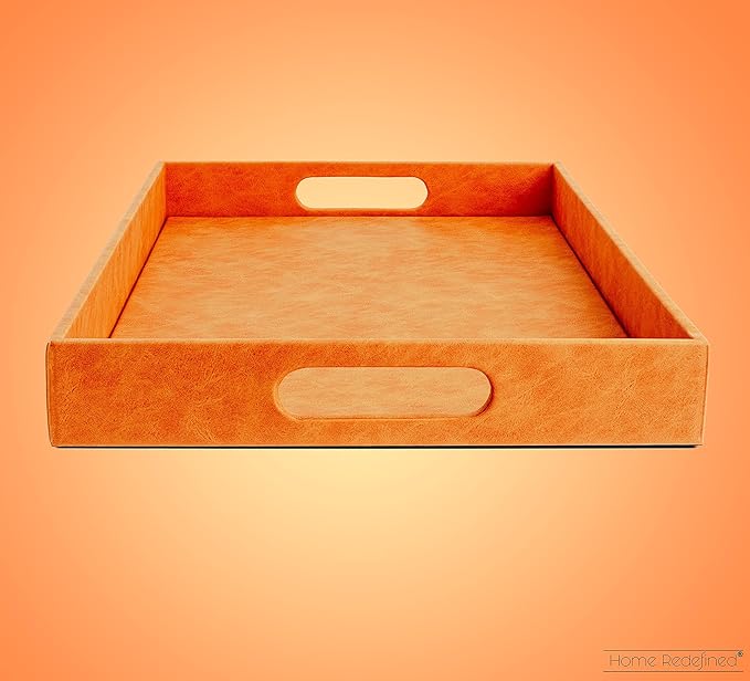 Home Redefined Beautiful Modern Elegant 17.5"x12" Rectangle Orange Faux Leather Decorative Tray Ottoman Coffee Table Perfume Living Room Kitchen Serving Tray with Handles for All Occasion's