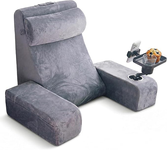 TabCouchCaddy Reading Pillow for Adults – 24” XL Memory Foam Backrest with Detachable Arms, Cup Holder, Phone Caddy & Adjustable Tray Mount | Back Pillow for Bed Sitting Up, Reading, TV & Recovery