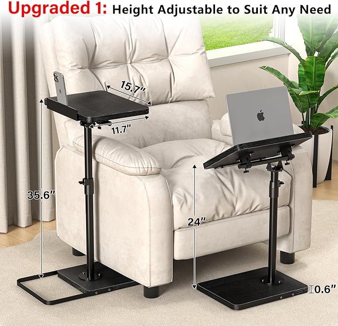 TV Tray Table for Couch, Height Adjustable/360° Swivel/180° Flip-Over Panel Design C-Shaped End Table, Sofa Arm End Side Table with Phone & Tablet Slot for Eating, Laptop,Couch Bed (Black)