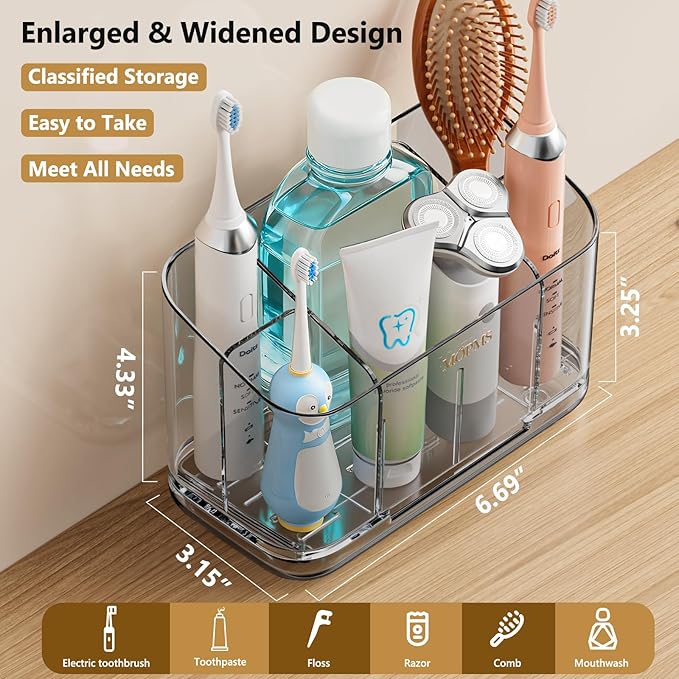 Toothbrush Holders for Bathroom Countertop Organizer, 5 Slots Large Capacity Electric Toothbrush Holder Wall-Mount for Space Saving, Tooth Brush and Toothpaste Holder with Dividers for Easy Clean