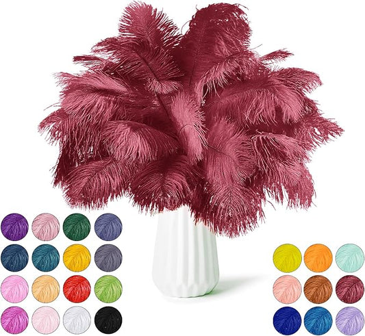 30pcs Wine Red Ostrich Feathers Natural Bulk 8-10in（20-25cm） Vase Craft Wedding Home Party Centerpieces Christmas Day Decoration