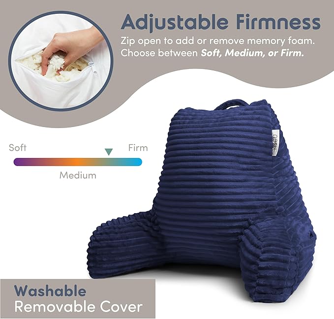 Nestl Reading Pillow with Shredded Memory Foam, Luxe Cut Plush Back Pillow for Sitting Up in Bed, Back and Arms Adjustable Support for Adult & Teens, Backrest Pillows with Washable Cover Navy Blue