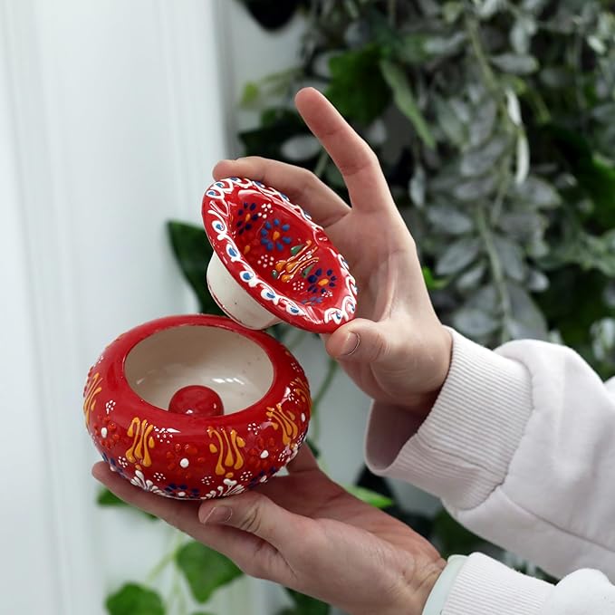 Decorative Ceramic Jar-Colorful Decorative Jar with Lid-Handmade Small Decorative Jar-Windproof Unique Jars-Turkish Home Decor (Red)