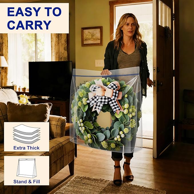 Extra Large Clear Wreath Storage Plastic Bag with Handle For Halloween Summer Christmas Decoration or Clothing Blanket Comforters Bed Sheets Pillows, 4 Pack, 28"x28"x7"