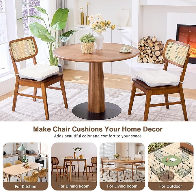 BETU White Chair Cushions for Dining Chairs Set of 2,3.5" Thick Kitchen Table Chair Pads with Ties,Non Slip Backing and Covers, Seat Cushion for Dining Room,Bar,Patio Chairs,16"X16"X3.5",White
