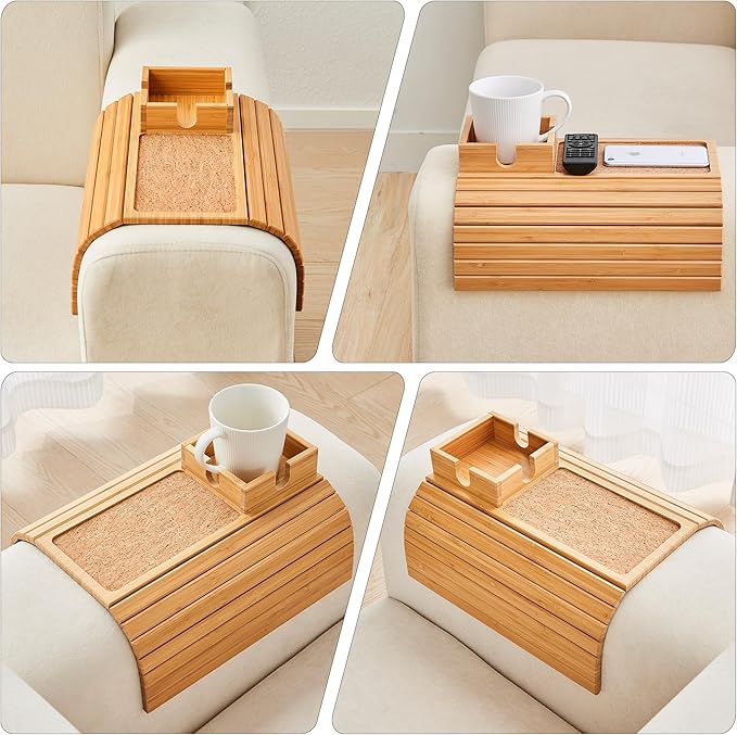 LOVYANXUE Bamboo Couch Cup Holder, Foldable Sofa Arm Tray, Anti-Slip Couch Aremrest Tray Table for Drink, Cup, Remote, Snacks, Cellphone, Portable, Bamboo/Cork Color