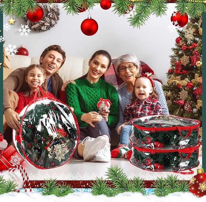 Shappy 4 Pcs 36 Inch Back to School Wreath Storage Container Clear Wreath Storage Bags PVC Waterproof Garland Bags with Clear Window Dual Zippers and Handles for Holiday Artificial Garland (Red)