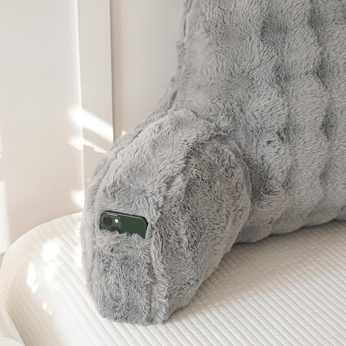 Yaoshuho Faux Fur Reading Pillow for Sitting in Bed, Large Backrest Bed Pillow with Arms, Back Support Pillow for Lounging Bedrest, Gray
