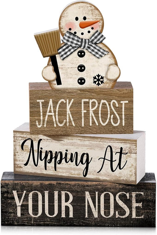 Moucuny 4 Pcs Winter Table Decor Wooden Snowman Black and White Winter Tiered Tray Decor Rustic Decorative Snowman Block Sign Gifts Christmas Centerpiece Rustic Christmas Decorations for Home Kitchen