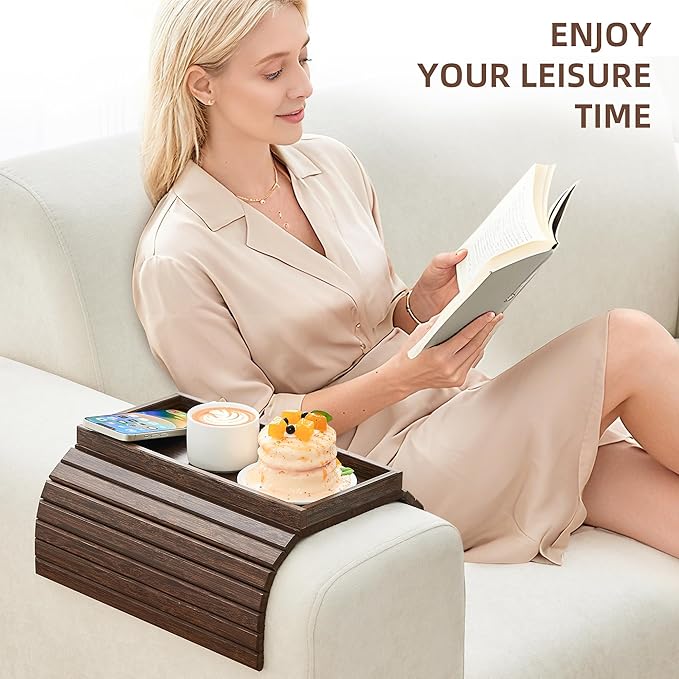 LOVYANXUE Couch Arm Tray, Anti-Falling Bamboo Sofa Armrest Tray Table, Foldable & Portable Armrest Tray Cup Holder Side Table for Drinks, Coffee, Phone, Snacks, Remote
