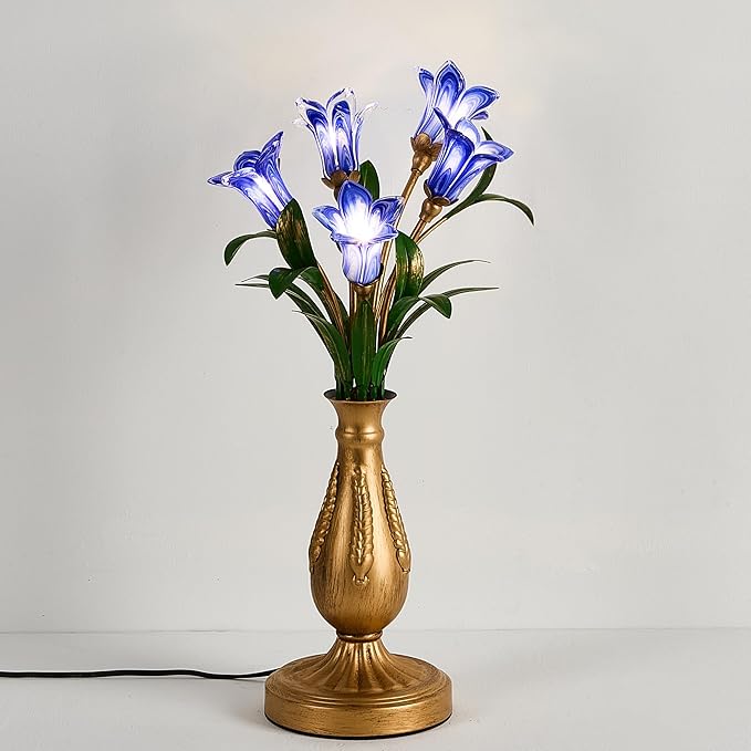 Skyblaze Classic Style Table Lamp with Flower Glass Shade, Elegant Flower Night Light, Art Deco Accent Table Lamp for Bedroom Living Room (Blue, 5 Lights)