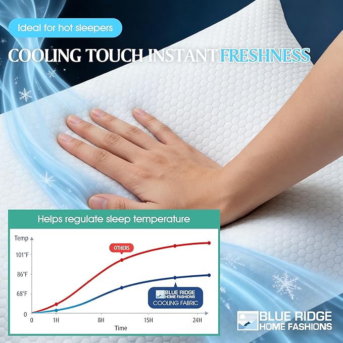 Blue Ridge Home Fashions Cooling Bed Pillows Queen Size Set of 2, Reversible Cooling & Cotton Fabric, Medium Firm, Down Alternative Breathable for Hot, Side, Back & Stomach Sleepers, 20" x 28"