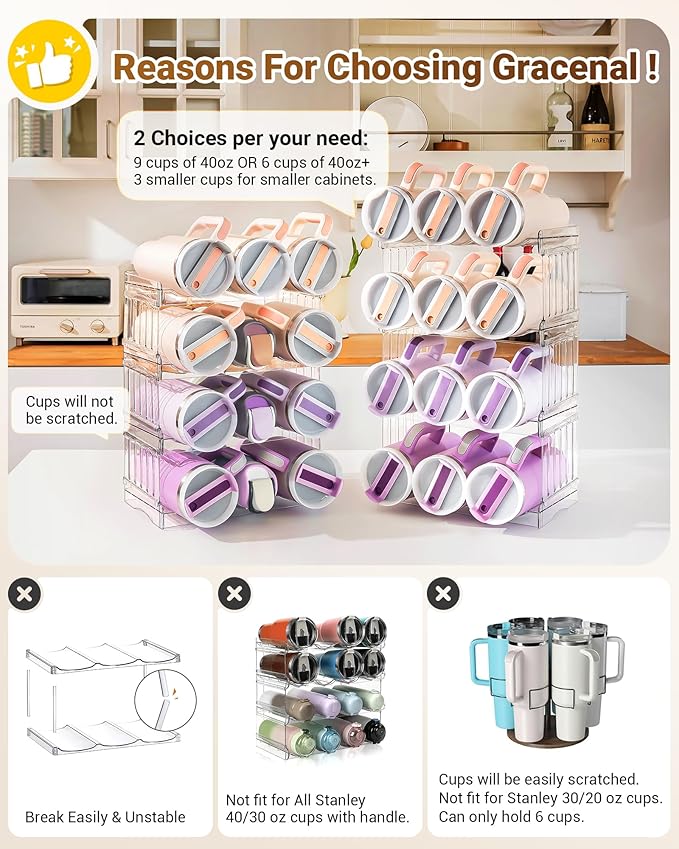 Gracenal Water Bottle Organizer Holder for Stanley Cup Accessories, Fridge Kitchen Cabinet Organizer and Storage for Meoky 40 oz Tumbler with Handle, Stackable Plastic Travel Mug Cup Rack Gifts, 3Pack