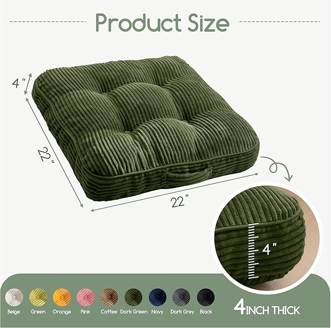 HIGOGOGO Floor Pillow Cushion for Adults, Meditation Cushion Pillow, Large Square Floor Sitting, Tufted Corduroy Cover, for Tatami Living Room or Yoga, 22x22 Inch, Dark Green