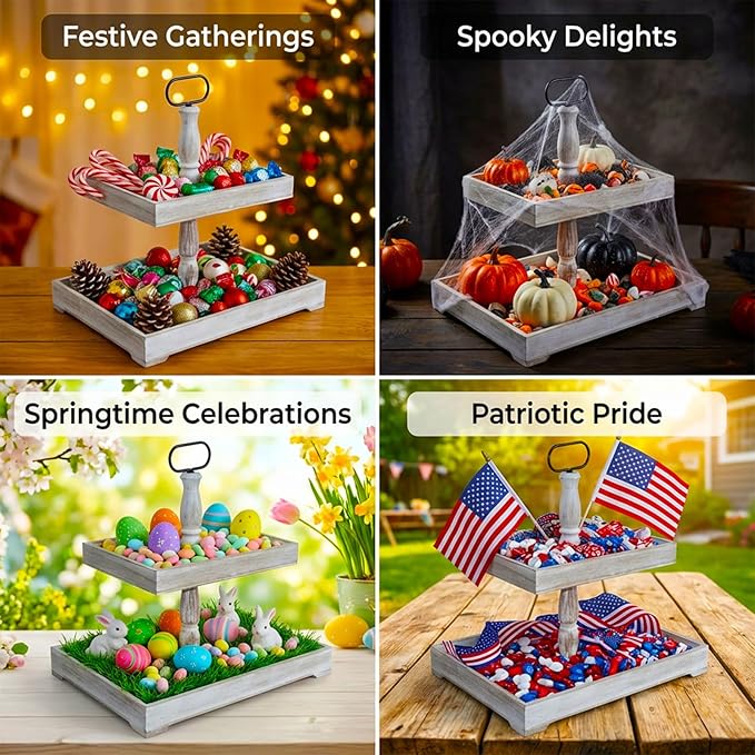 Decorative Tray - Cupcake Stand Two Tiered Tray Farmhouse Rustic 2 Tiered Serving Tray for Home and Kitchen Decor, Party, Weddings-Holiday Decoration Customizable Display Options