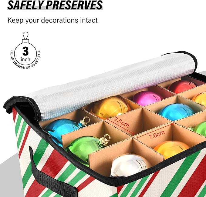 Candy Cane Christmas Ornament Storage Basket Box Green Red Stripe Winter Holiday Storage Container Cube with Adjustable Dividers for 64 Holiday Ornaments or Decorations Keeps Clean and Dry