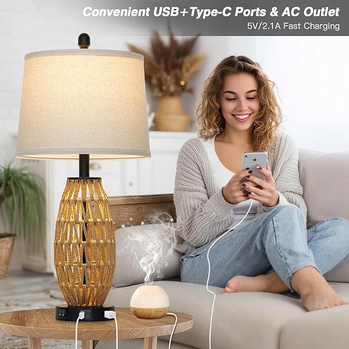 CINSARY 27" Rattan Table Lamps Set of 2, Boho Bedside Lamp for Bedroom with Night Light, Coastal Woven Wicker Nightstand Lamps with USB A+C Charging Port, Tall Farmhouse Living Room Lamp