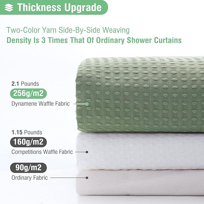 Dynamene Stall Fabric Shower Curtain - 54x78 inch Long Waffle Weave Weighted Thick Cloth Shower Curtains for Bathroom,Heavy Duty Hotel Spa Luxury Bath Curtain Set with 10 Plastic Hooks,Sage Green