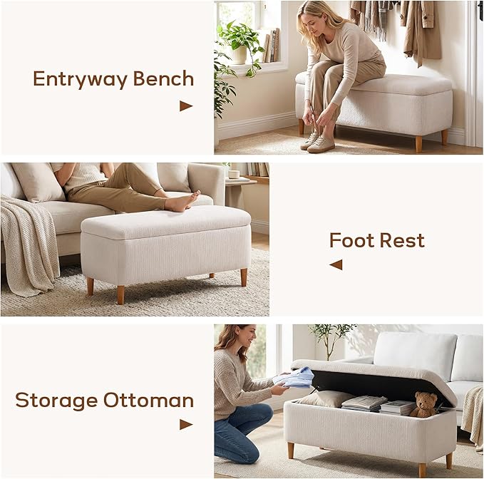 39.4”Ottoman with Storage,Upholstered Comfy Storage Bench Ottoman with Wooden Legs,End of Bed Bench Footstool for Hallway Entryway Bedroom Living Room Beige