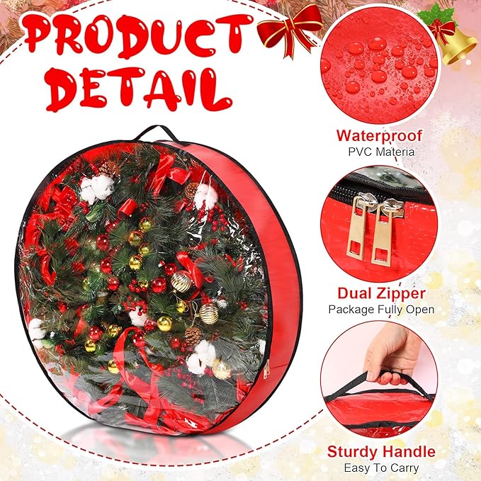 Aliceset 4 Pack Wreath Storage Containers, Ornament Garland Wreath Storage Bags with Handle Zipper Decorative Storages Box for Winter Valentine Wreaths(36 x 36 x 7.8 Inch,Red)