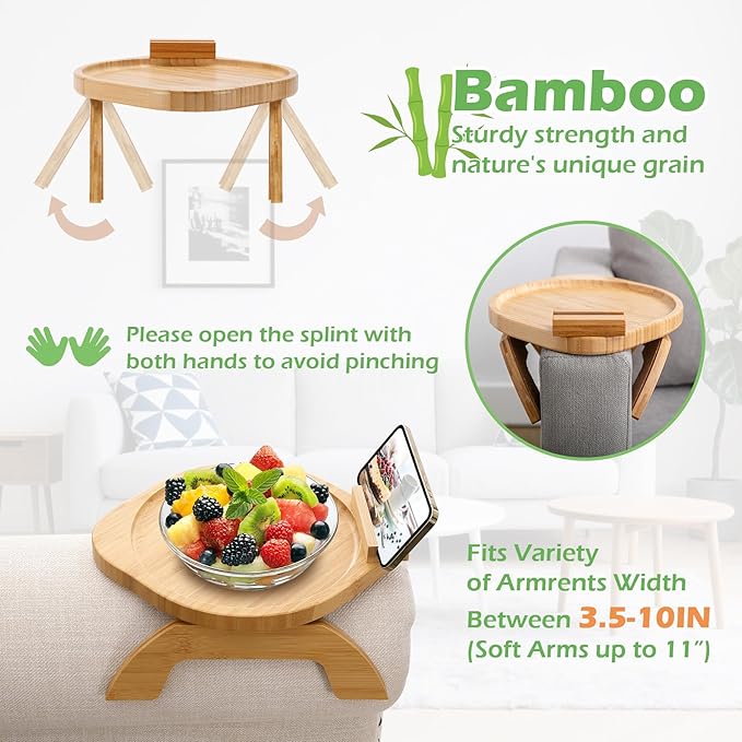 SINWANT Couch Arm Table, Bamboo Round Sofa Clip on Tray with 360° Phone Holder,Foldable Couch Armrest Table Eating on Chair Recliner for Snack Drink