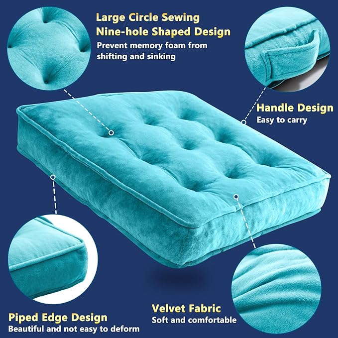 1 MIDDLE ONE Floor Pillow Set of 2, Memory Foam Meditation Cushion, Floor Cushions for Adults Sitting, Large Square Seat Cushions for Yoga, Couch, Sofa, Kids, Living Room, 20x20 Inch (Blue)
