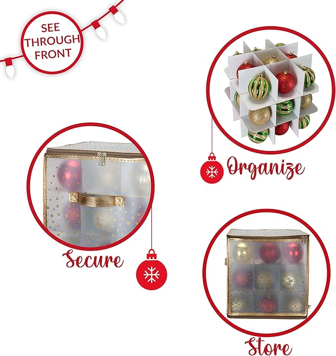 Simplify 27-Count Ornament Organizer| Gold | Holds 27 Ornaments | Christmas Storage | Light Weight | Dimensions: 12.2 x 12.2 X 12.2 | Easy Carry Handles