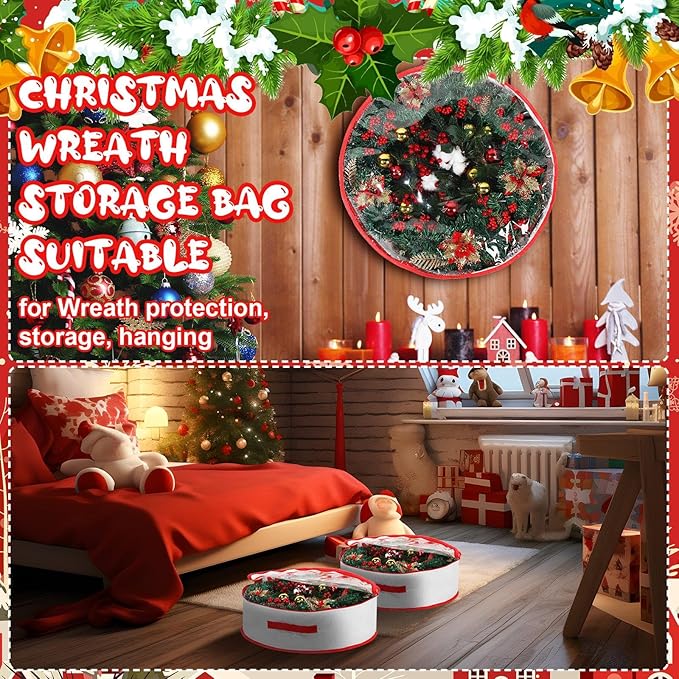 Aliceset 4 Pack Wreath Storage Containers, Ornament Garland Wreath Storage Bags with Handle Zipper Decorative Storages Box for Winter Valentine Wreaths(24 x 24 x 7.8 Inch,White)