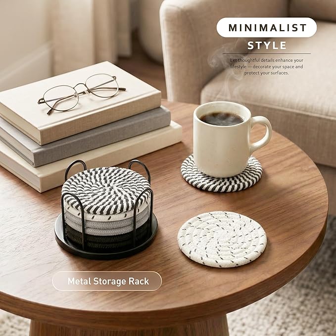 Coasters Set of 8 for Drinks, Beer, Coffee, Cotton Woven 4 Colors Absorbent Coaster with Holder, Boho Coasters for Home Decor Tabletop Protection Suitable for Kinds of Cups