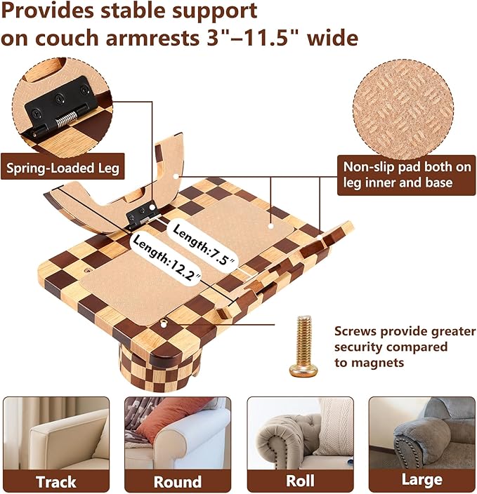 Checkered Rubber Wood Couch Arm Tray, Sofa Armrest Tray with Rotating Cup Holder & Phone Stand, Large Clip-on Sofa Side Table Furniture for Drinks & Remote, 15.36"x9.85", Gift Box