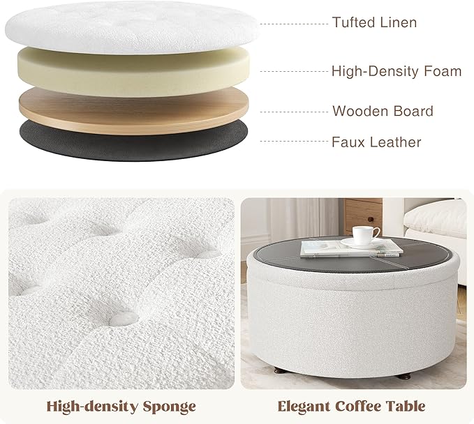 30 Inch Round Storage Ottoman,Modern Tufted Ottomans,Circular Coffee Table with Removable Top,Upholstered Large Ottoman with Storage Footrest Stool for Bedroom Living Room (Teddy White)