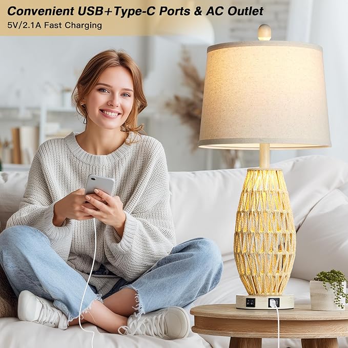 CINSARY 27“ Beige Rattan Table Lamps with Night Light, Boho Bedside Lamps Set of 2, Woven Wicker Bedroom Lamp for Nightstand with USB A+C Charging Port & AC Outlet, Tall Coastal Living Room Lamp