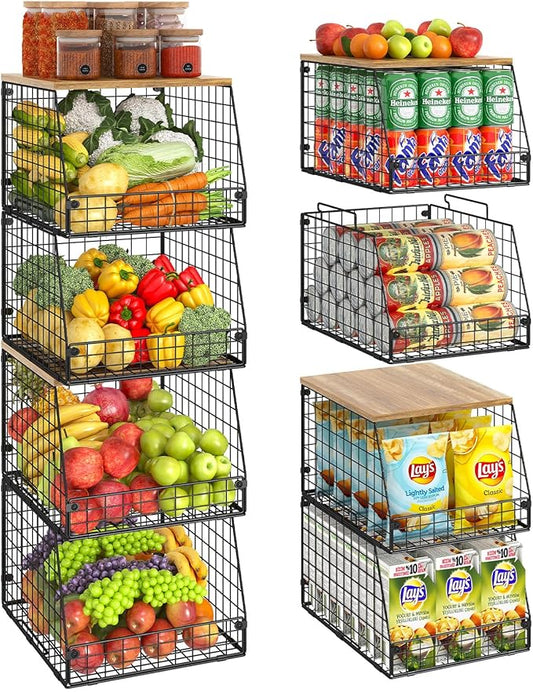 Jakyitvi 4 Pack Stackable Wire Baskets with Fixed Wooden Top, Vegetable Fruit Storage Bins for Onion Potato Snack, Pantry Baskets for Kitchen Cabinet Countertop, Pantry Organizers and Storage Rack
