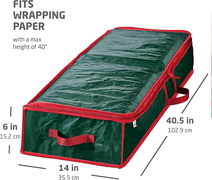ZOBER Gift Wrapping Paper Organizer Storage - 40" Gift Wrap Storage Containers with Interior Pockets for Bows, Tags & Ribbons - Wrapping Paper Holder, Waterproof, Fits 24 Standard Rolls, Green