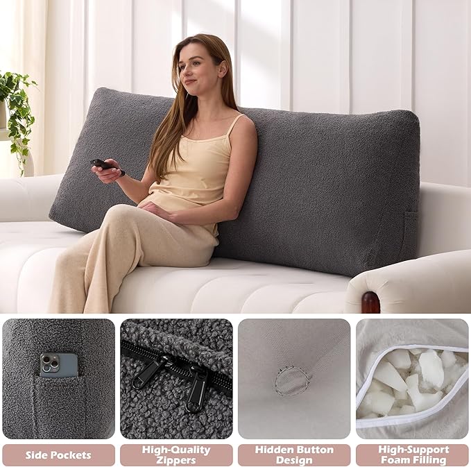 Headboard Pillow Queen, Triangle Bed Wedge Pillow for Headboard, Backrest Pillow for Sitting up, Reading, Working, Headboard Daybed Pillow with Removable Cover for Bed, Dorm Sofa, Dark Grey