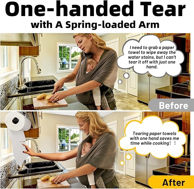 Upgraded Kitchen Paper Towel Holder - One-Hand Tear Under Cabinet Stick-on Towel Rack for Hanging Paper - First Apartment Essentials Wall Mount Self Adhesive Stainless Steel Rack Fits