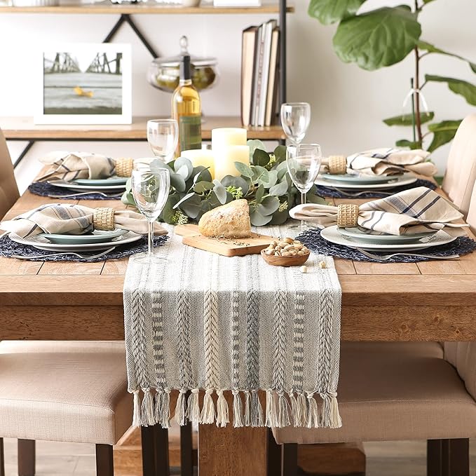 DII Farmhouse Braided Stripe Table Runner Collection, 15x108 (15x113, Fringe Included), Cool Gray