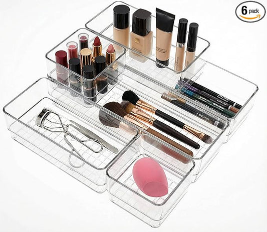 6 PCS Clear Plastic Drawer Organizer Set, 2 Sizes Acrylic Drawer Storage Trays Non Slip Storage Bins for Makeup, Jewelry, Gadgets for Kitchen, Bedroom, Bathroom, Office
